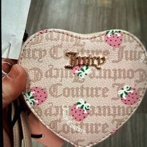 New Juicy Cotoure Heart Shaped Coin Purse Wristlet- beige with Pink strawberries